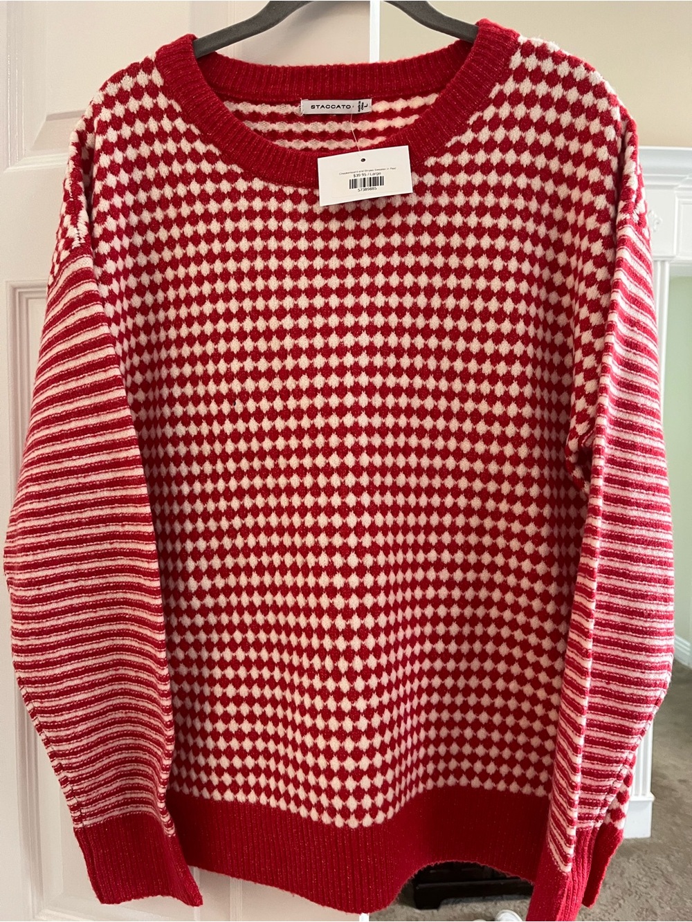 Staccato Red and Cream Diamond-Pattern Crewneck Sweater